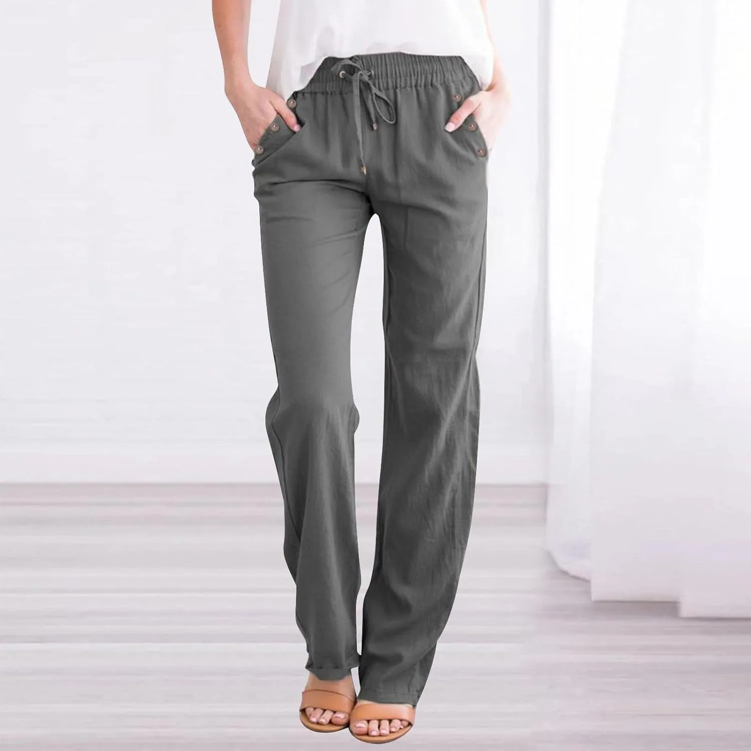 Women's Summer Casual Yoga Palazzo Pants Solid Color Drawstring High Waist Loose Fit Linen Straight Trousers Pockets