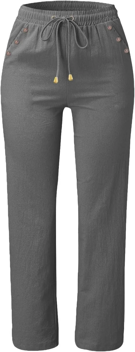 Women's Summer Casual Yoga Palazzo Pants Solid Color Drawstring High Waist Loose Fit Linen Straight Trousers Pockets
