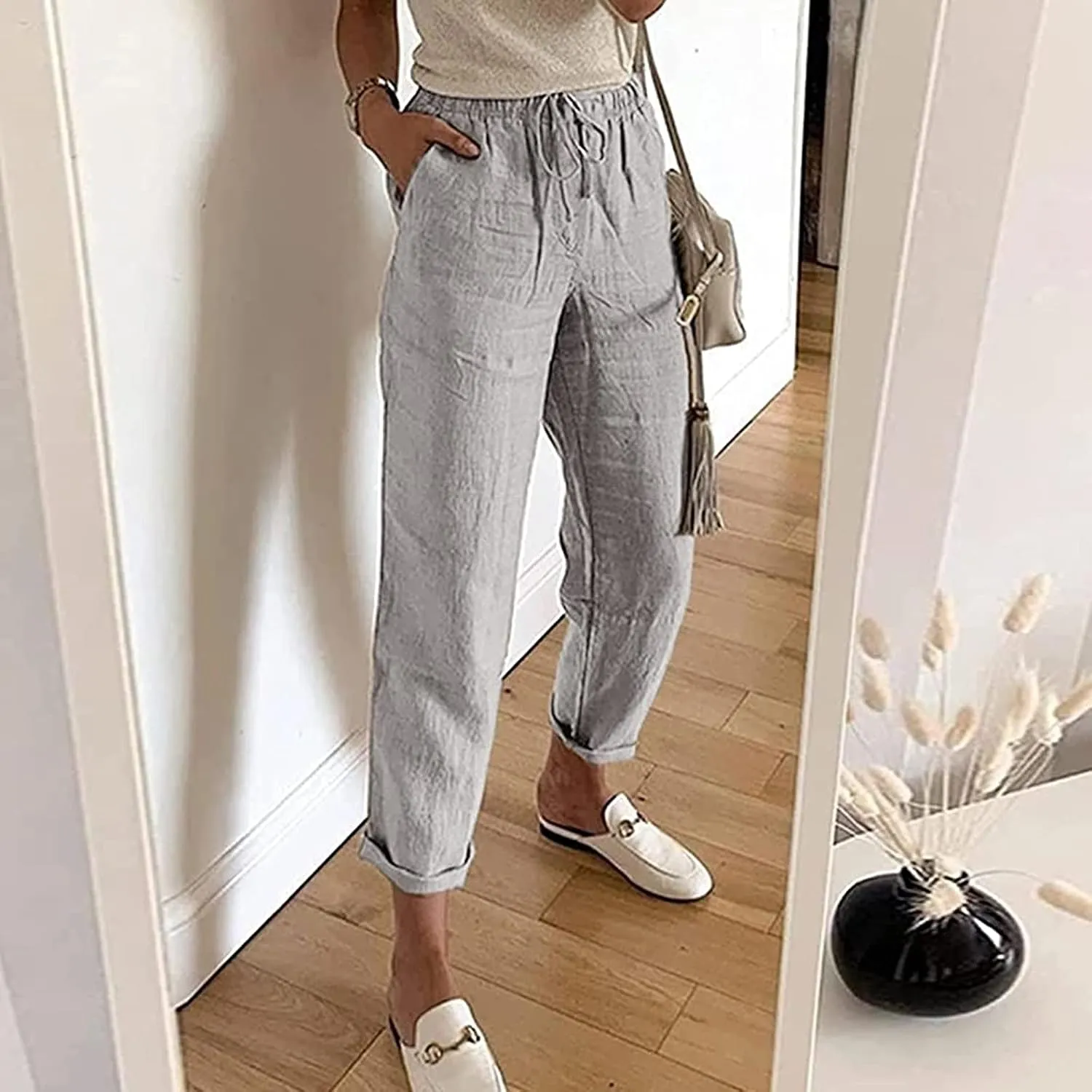Women's Summer Casual Yoga Palazzo Pants Solid Color Drawstring High Waist Loose Fit Linen Straight Trousers Pockets