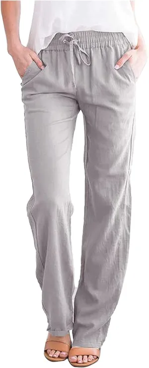 Women's Summer Casual Yoga Palazzo Pants Solid Color Drawstring High Waist Loose Fit Linen Straight Trousers Pockets