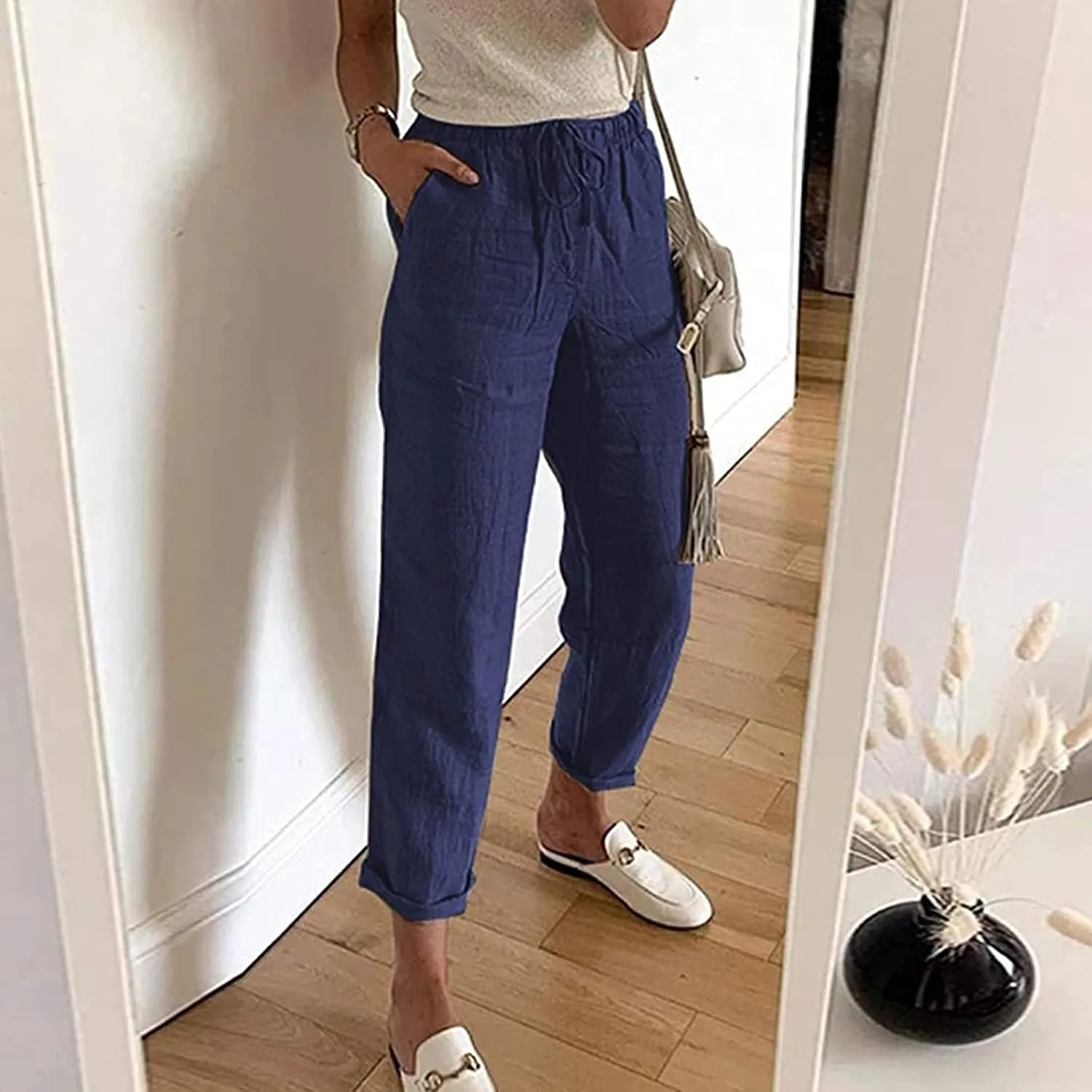 Women's Summer Casual Yoga Palazzo Pants Solid Color Drawstring High Waist Loose Fit Linen Straight Trousers Pockets