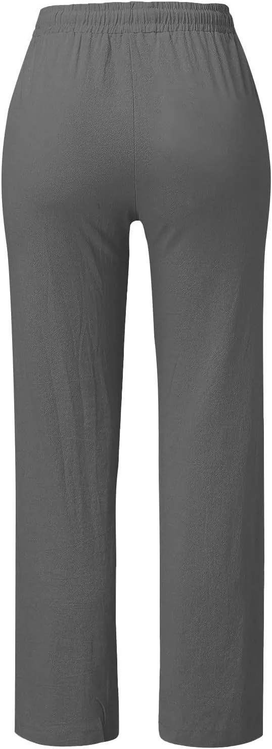 Women's Summer Casual Yoga Palazzo Pants Solid Color Drawstring High Waist Loose Fit Linen Straight Trousers Pockets
