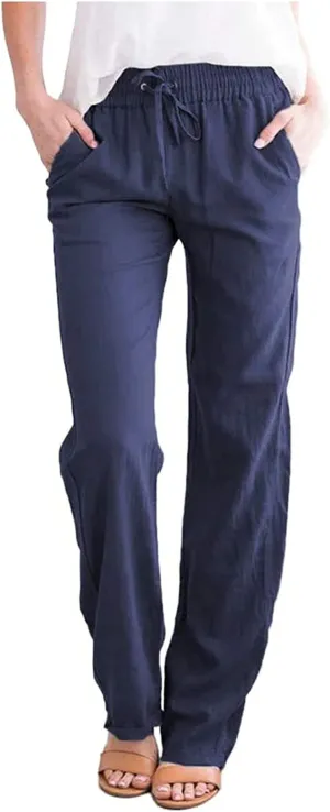 Women's Summer Casual Yoga Palazzo Pants Solid Color Drawstring High Waist Loose Fit Linen Straight Trousers Pockets