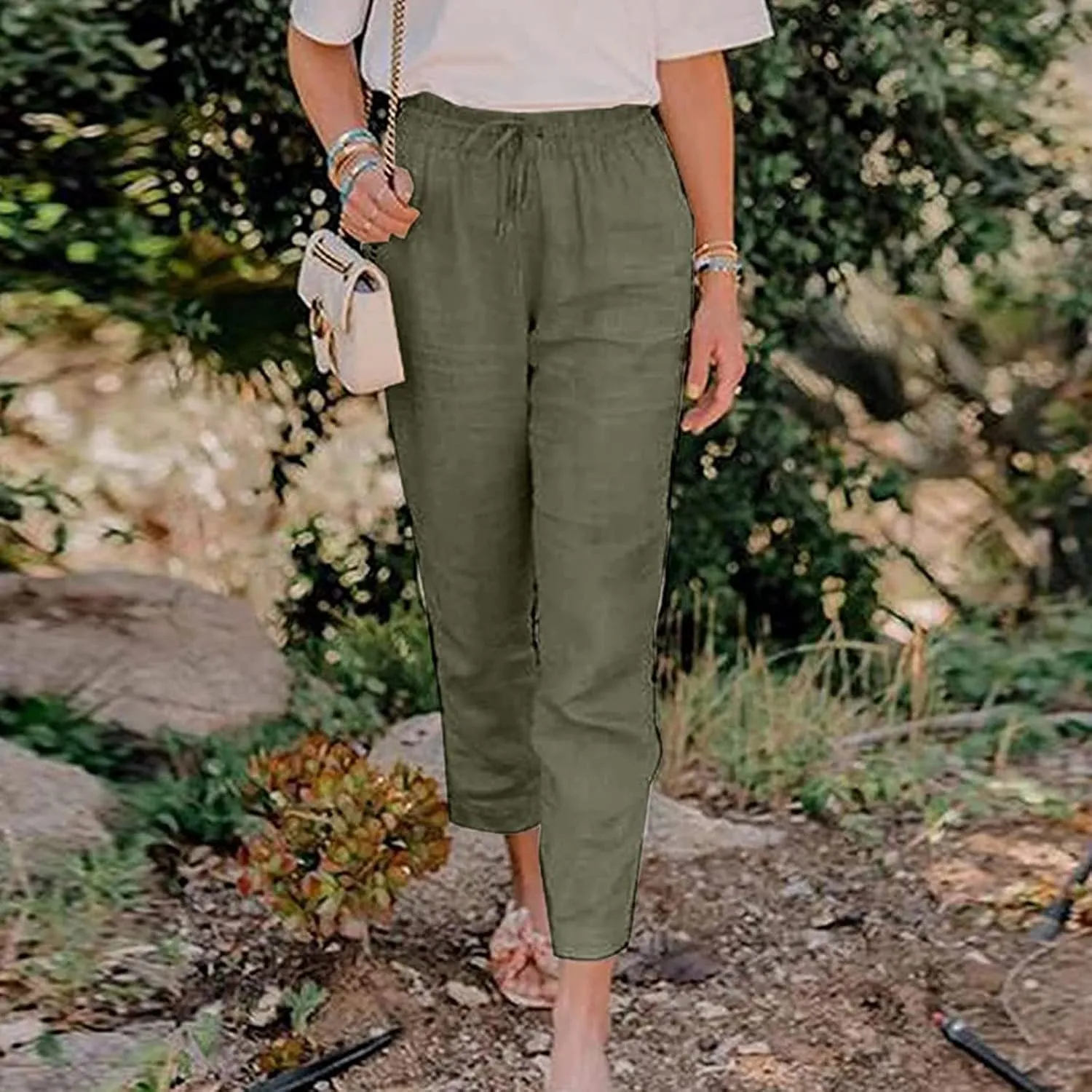 Women's Summer Casual Yoga Palazzo Pants Solid Color Drawstring High Waist Loose Fit Linen Straight Trousers Pockets