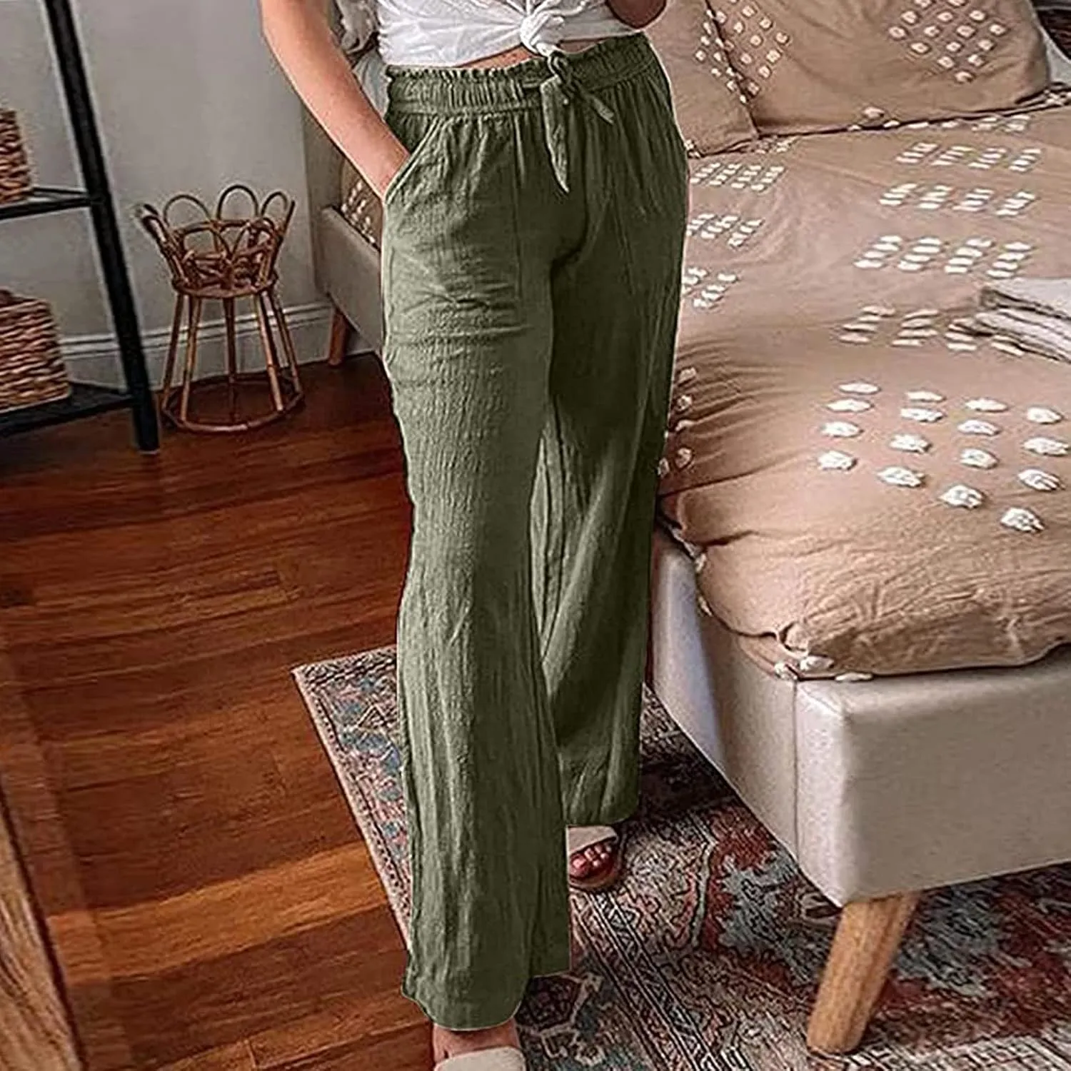 Women's Summer Casual Yoga Palazzo Pants Solid Color Drawstring High Waist Loose Fit Linen Straight Trousers Pockets