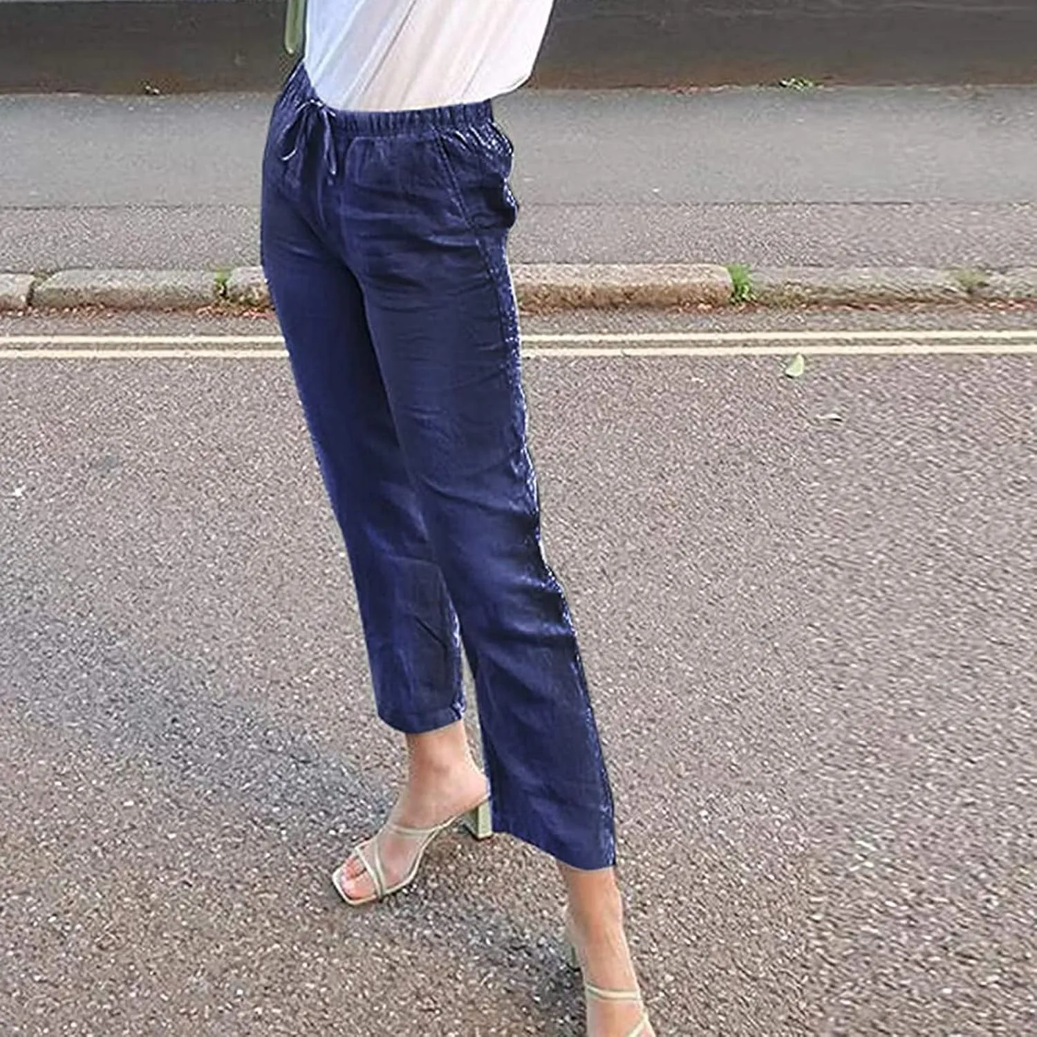 Women's Summer Casual Yoga Palazzo Pants Solid Color Drawstring High Waist Loose Fit Linen Straight Trousers Pockets
