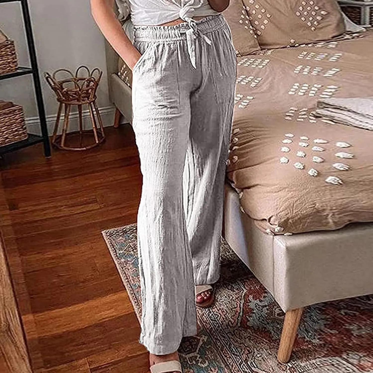 Women's Summer Casual Yoga Palazzo Pants Solid Color Drawstring High Waist Loose Fit Linen Straight Trousers Pockets