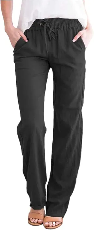 Women's Summer Casual Yoga Palazzo Pants Solid Color Drawstring High Waist Loose Fit Linen Straight Trousers Pockets