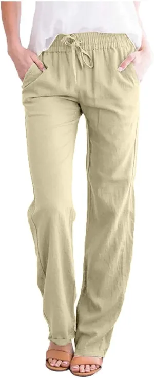 Women's Summer Casual Yoga Palazzo Pants Solid Color Drawstring High Waist Loose Fit Linen Straight Trousers Pockets