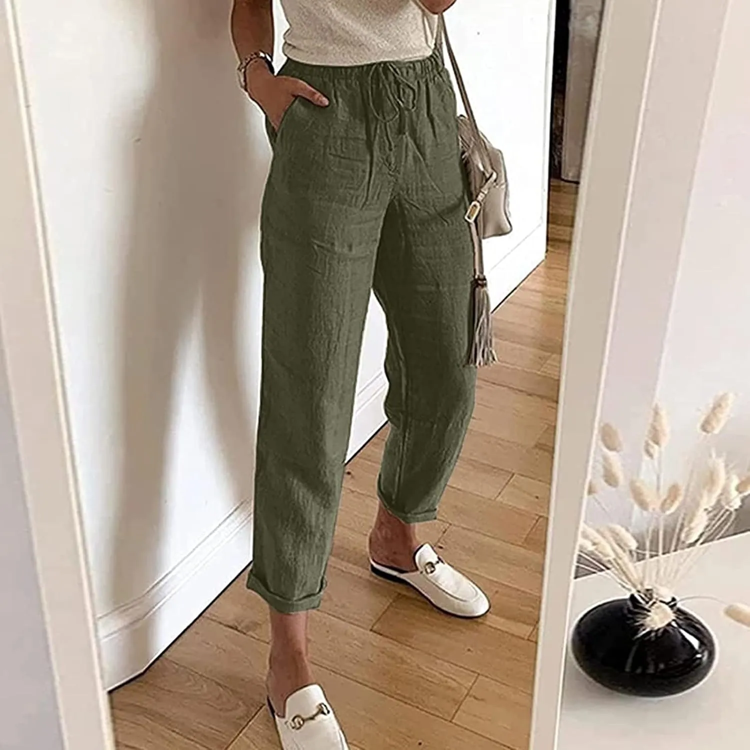 Women's Summer Casual Yoga Palazzo Pants Solid Color Drawstring High Waist Loose Fit Linen Straight Trousers Pockets