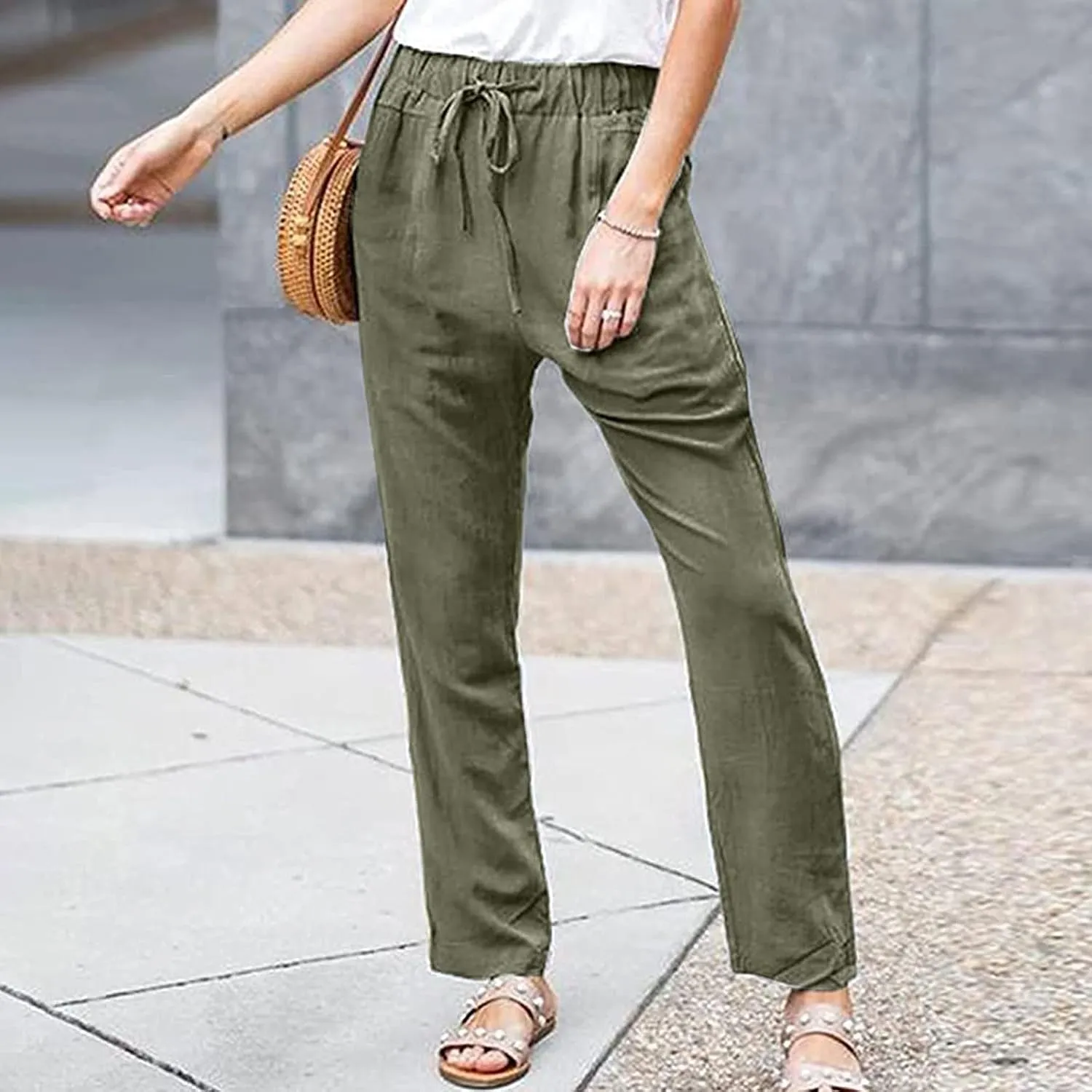 Women's Summer Casual Yoga Palazzo Pants Solid Color Drawstring High Waist Loose Fit Linen Straight Trousers Pockets