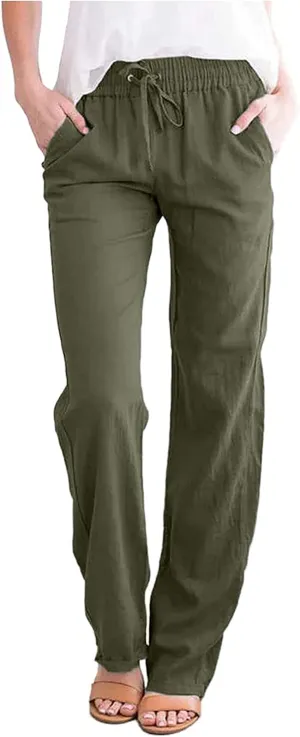 Women's Summer Casual Yoga Palazzo Pants Solid Color Drawstring High Waist Loose Fit Linen Straight Trousers Pockets