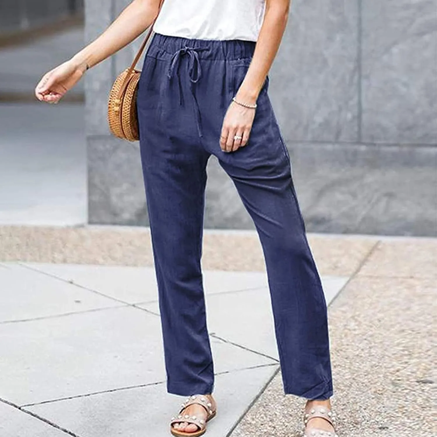 Women's Summer Casual Yoga Palazzo Pants Solid Color Drawstring High Waist Loose Fit Linen Straight Trousers Pockets