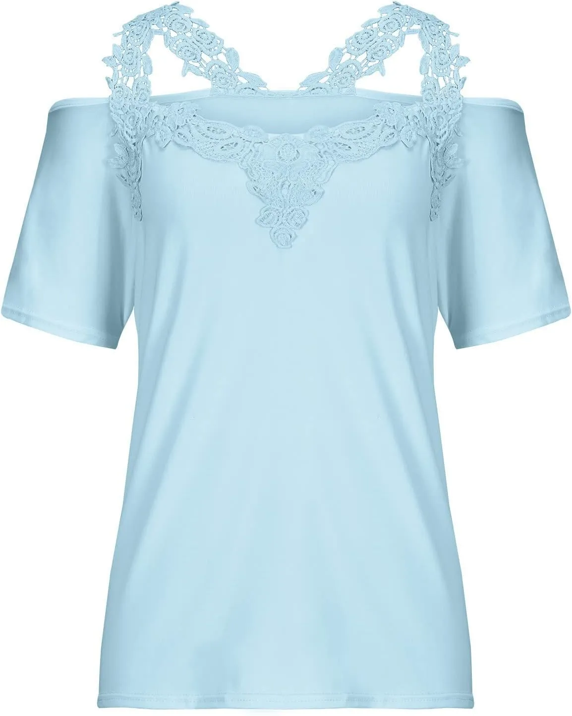 Womens Summer Cold Shoulder Tops Sexy Lace Crochet Strappy T Shirts V Neck Plus Size Tunic Casual Off Shoulder Blouse