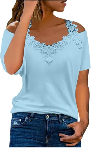 Womens Summer Cold Shoulder Tops Sexy Lace Crochet Strappy T Shirts V Neck Plus Size Tunic Casual Off Shoulder Blouse