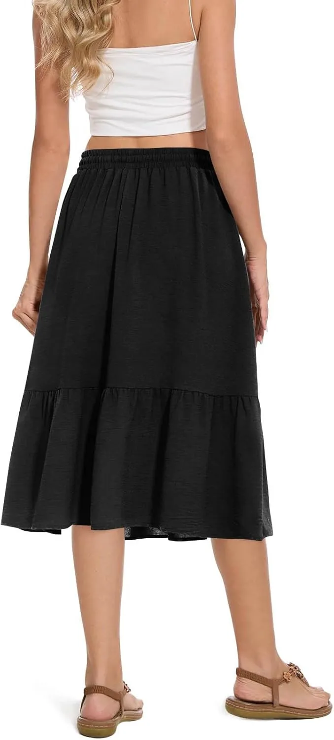 Women's Summer High Waisted Skirts Tiered Ruffle Skirts Boho Flowy Swing Pleated Skirt Casual A-Line Maxi Skirt