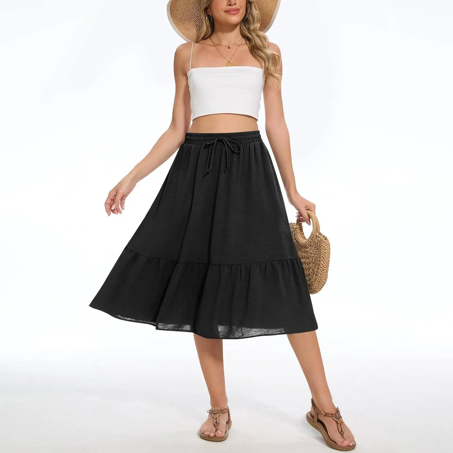 Women's Summer High Waisted Skirts Tiered Ruffle Skirts Boho Flowy Swing Pleated Skirt Casual A-Line Maxi Skirt