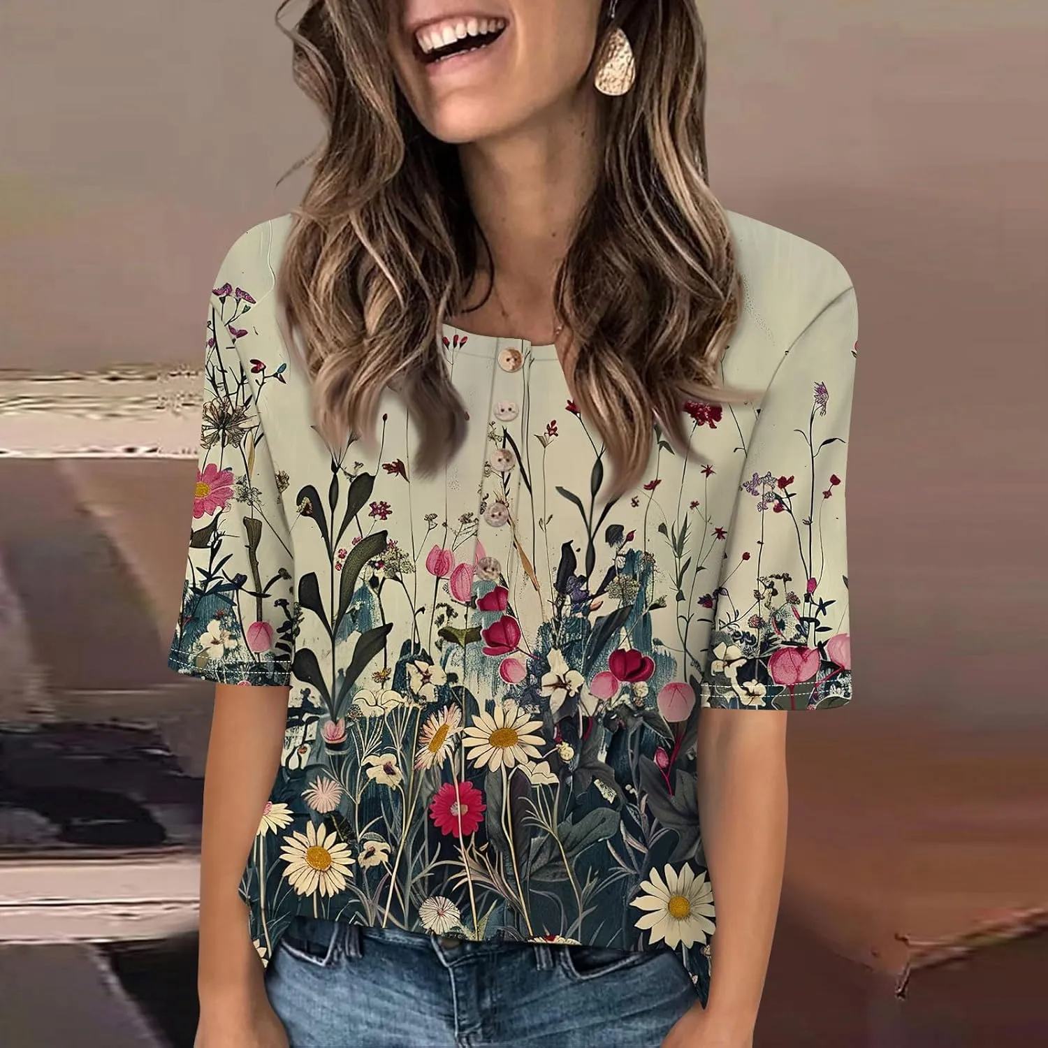 Womens Summer Tops Elbow Sleeve Tops Women Button Down T Shirts Scoop Neck Striped Floral Blouses Dressy Casual