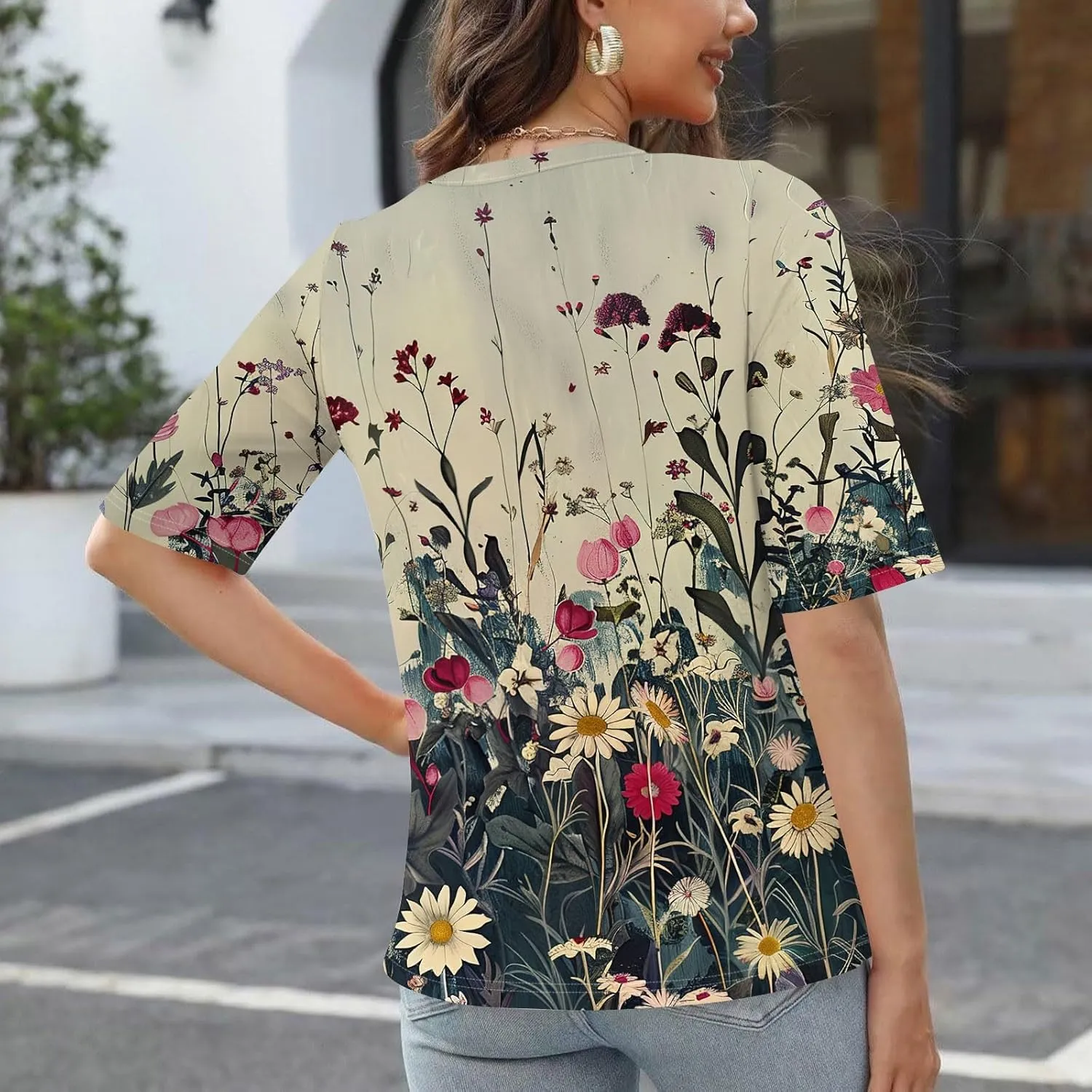 Womens Summer Tops Elbow Sleeve Tops Women Button Down T Shirts Scoop Neck Striped Floral Blouses Dressy Casual