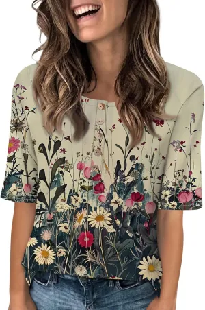 Womens Summer Tops Elbow Sleeve Tops Women Button Down T Shirts Scoop Neck Striped Floral Blouses Dressy Casual