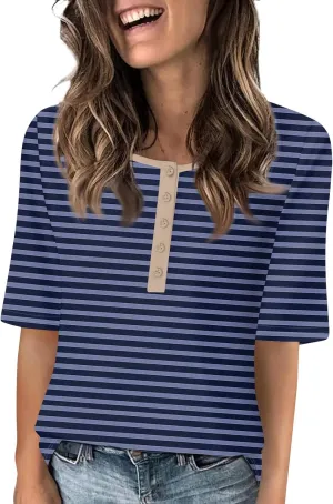 Womens Summer Tops Elbow Sleeve Tops Women Button Down T Shirts Scoop Neck Striped Floral Blouses Dressy Casual