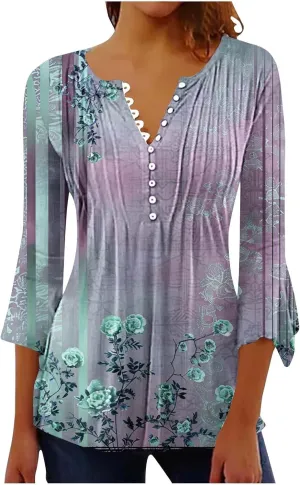 Women's Summer Tops Vintage Print Button Down 3/4 Sleeve Shirts Causal Empire Waist Boho Floral Print Tunic Shirts