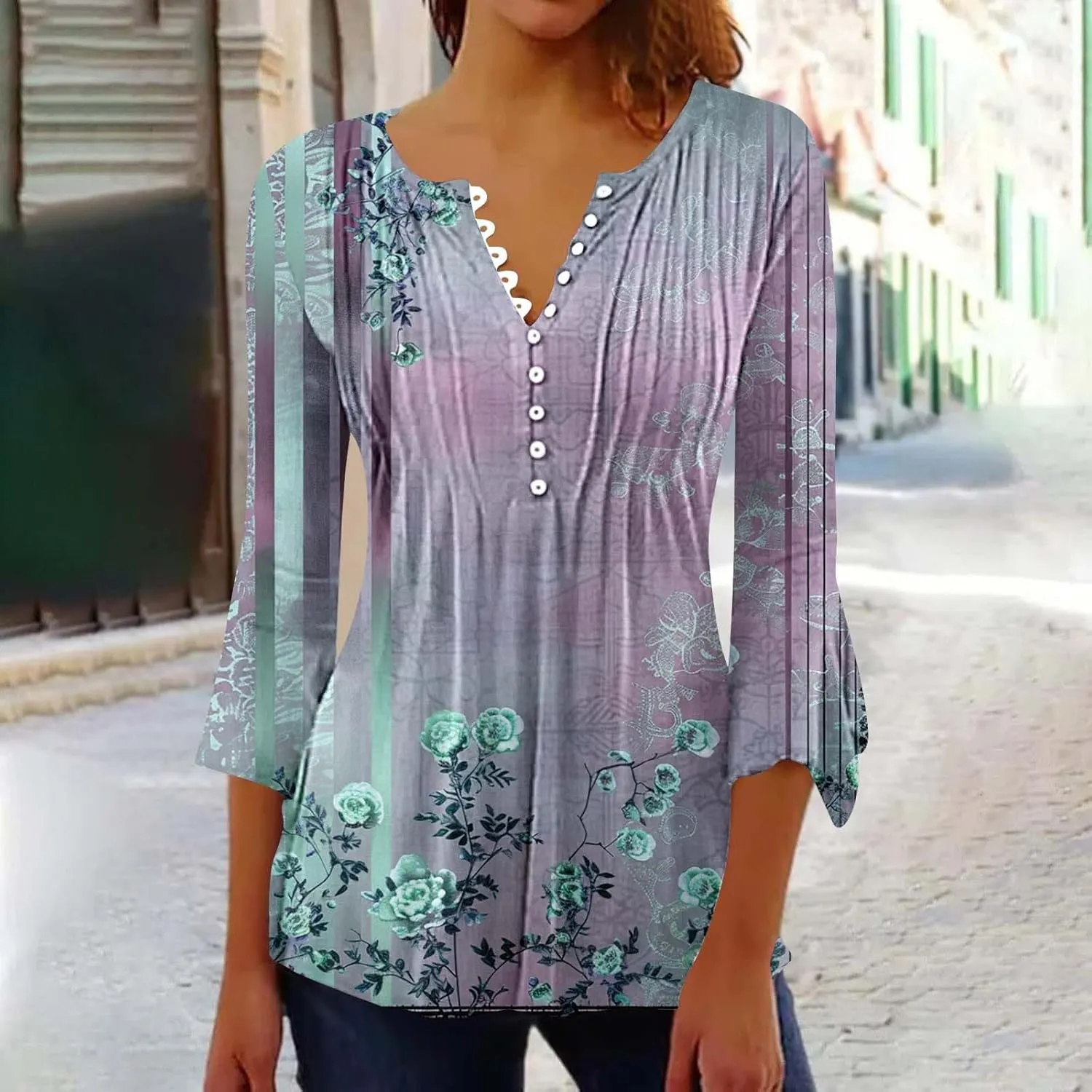 Women's Summer Tops Vintage Print Button Down 3/4 Sleeve Shirts Causal Empire Waist Boho Floral Print Tunic Shirts