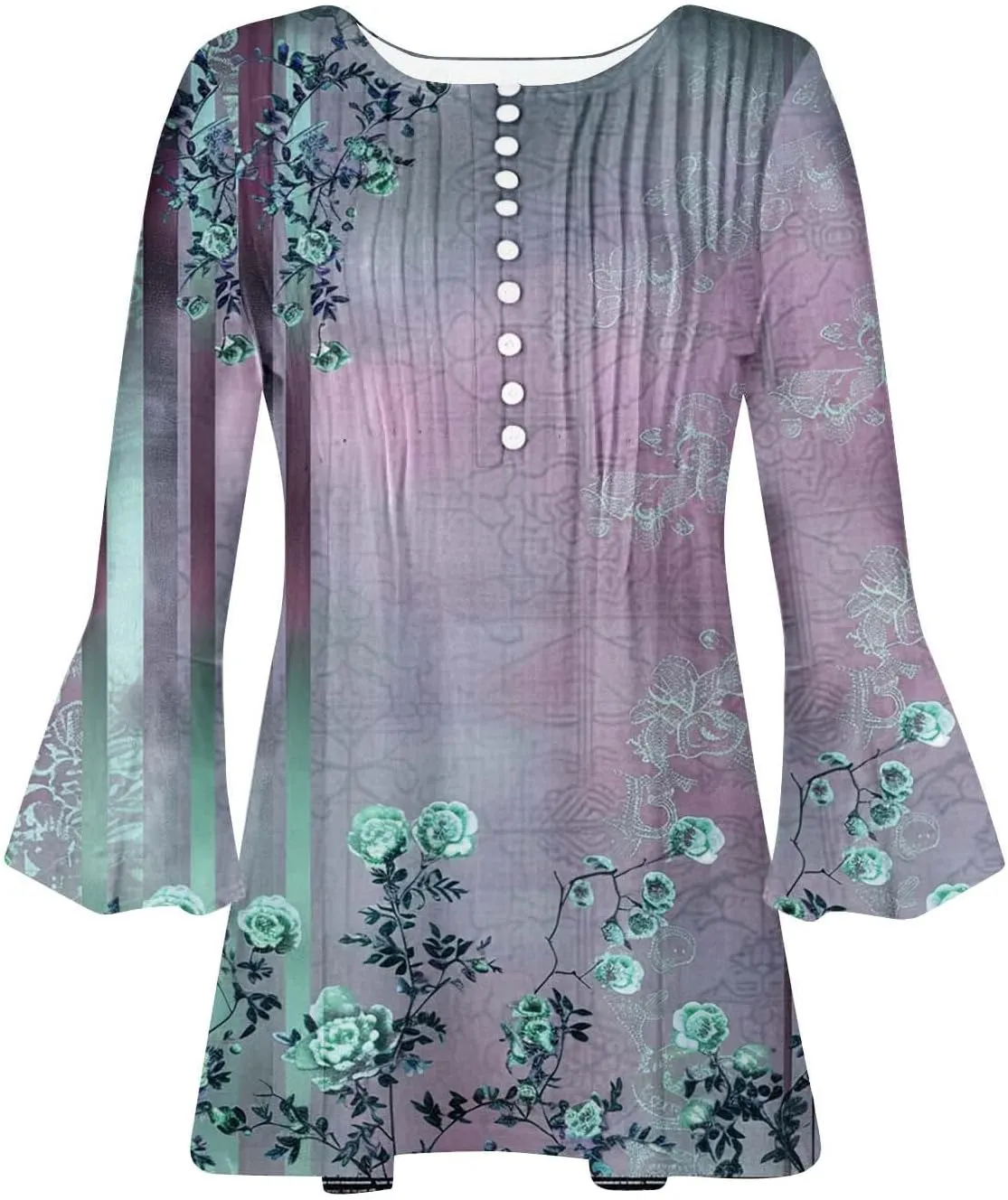 Women's Summer Tops Vintage Print Button Down 3/4 Sleeve Shirts Causal Empire Waist Boho Floral Print Tunic Shirts