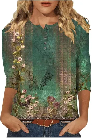 Womens Tops Casual 3/4 Sleeve Shirts Button Down V Neck Tunic Tshirts Summer Vintage Floral Print Henley Blouses Tee