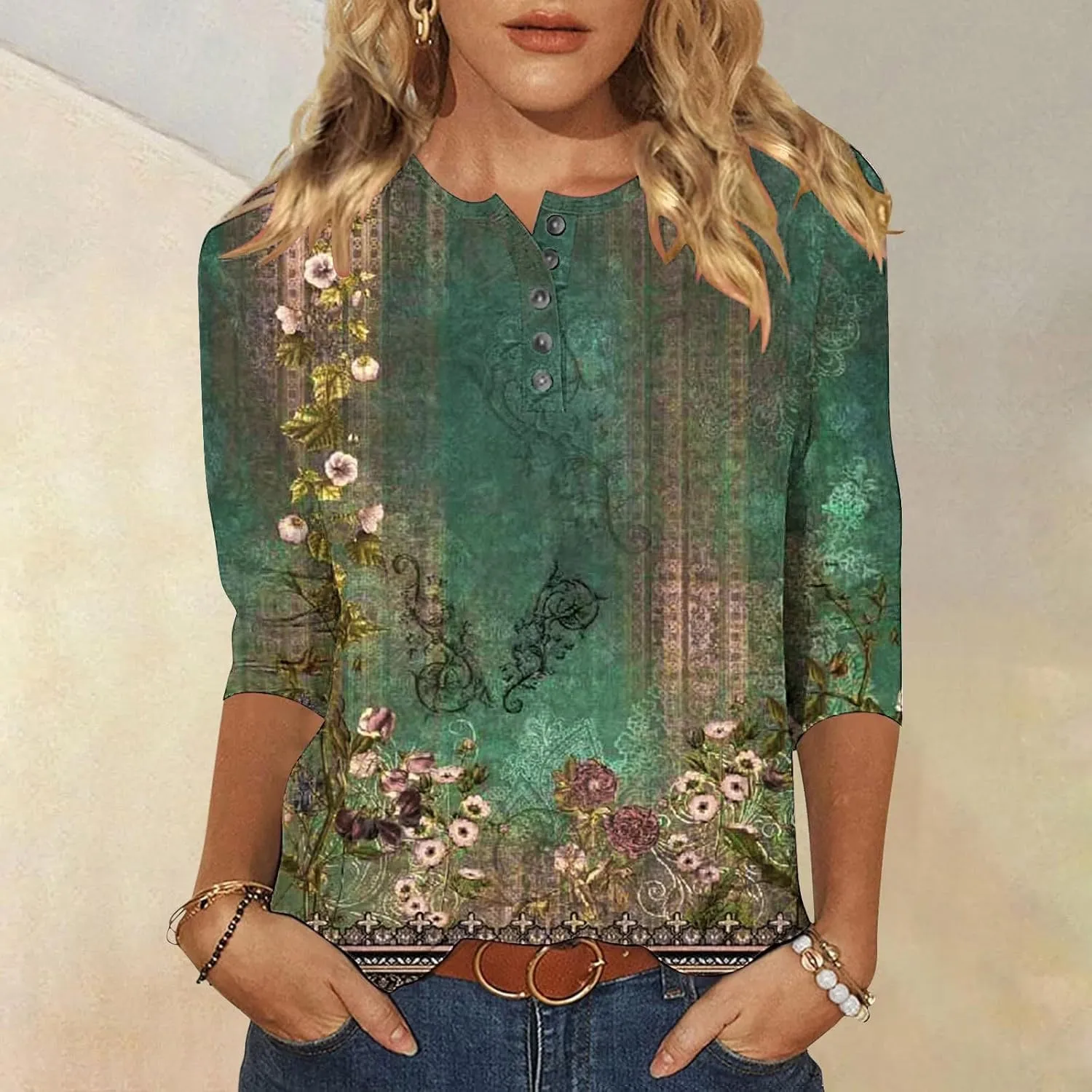 Womens Tops Casual 3/4 Sleeve Shirts Button Down V Neck Tunic Tshirts Summer Vintage Floral Print Henley Blouses Tee