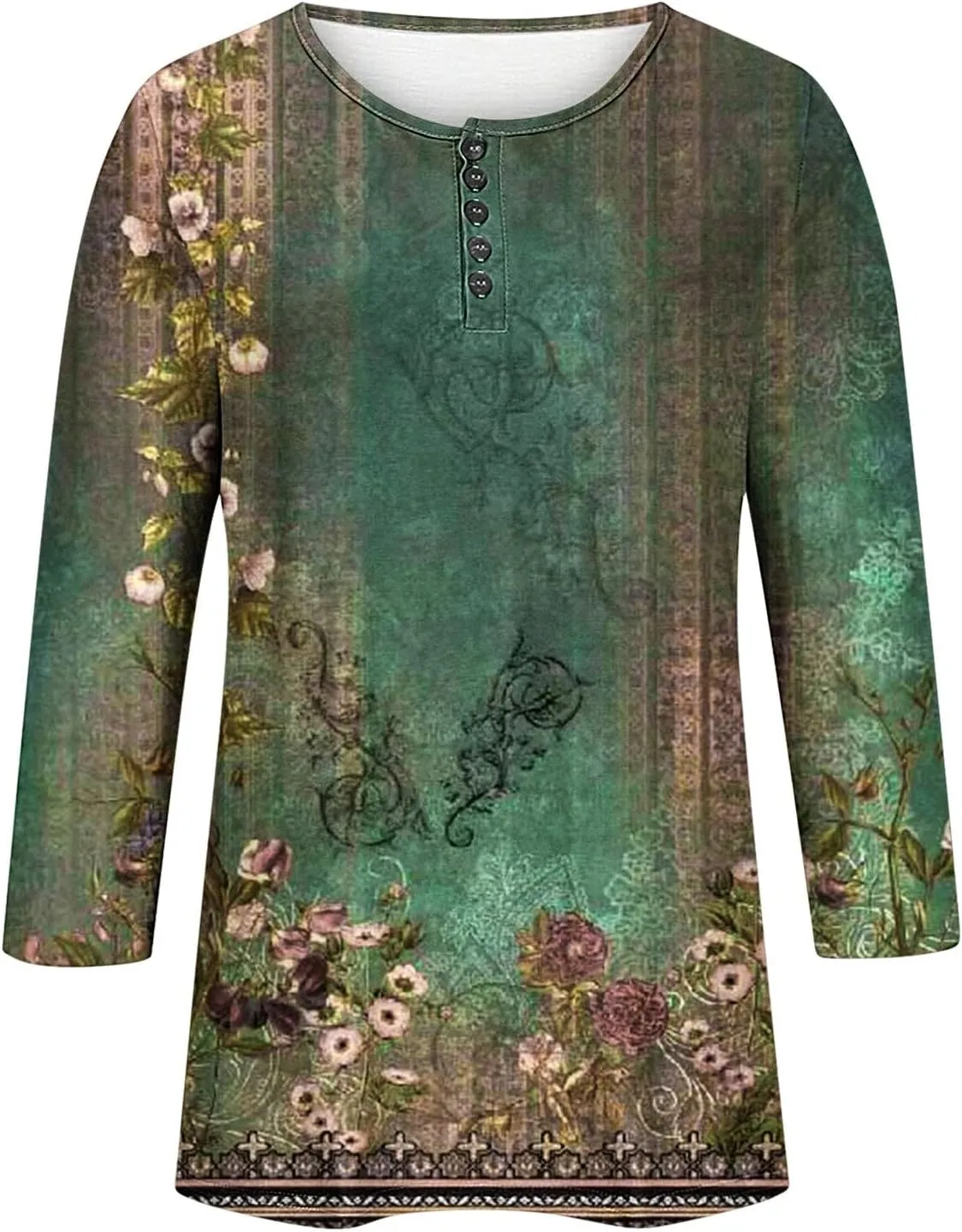 Womens Tops Casual 3/4 Sleeve Shirts Button Down V Neck Tunic Tshirts Summer Vintage Floral Print Henley Blouses Tee