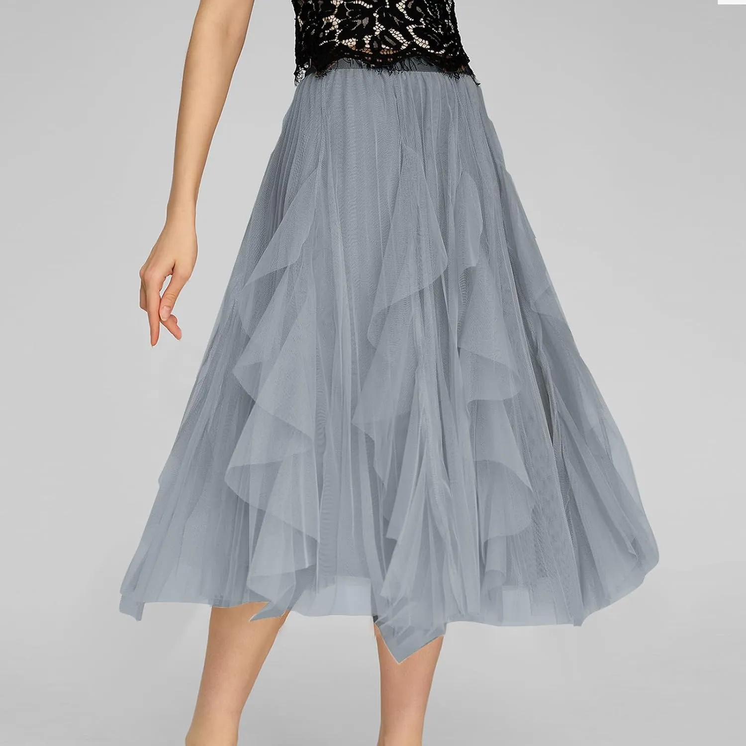 Women's Tulle Skirt High Low Asymmetrical A-Line Fairy Elastic High Waist Mesh Layered Pleated Long Midi Skirts