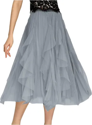 Women's Tulle Skirt High Low Asymmetrical A-Line Fairy Elastic High Waist Mesh Layered Pleated Long Midi Skirts