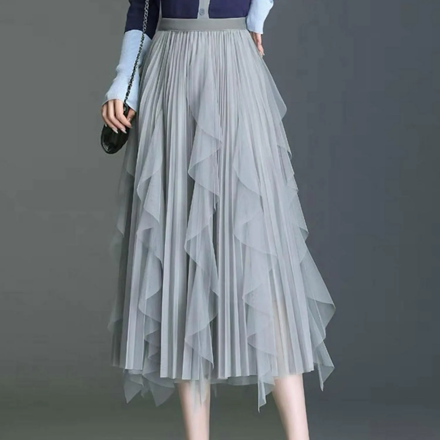 Women's Tulle Skirt High Low Asymmetrical A-Line Fairy Elastic High Waist Mesh Layered Pleated Long Midi Skirts