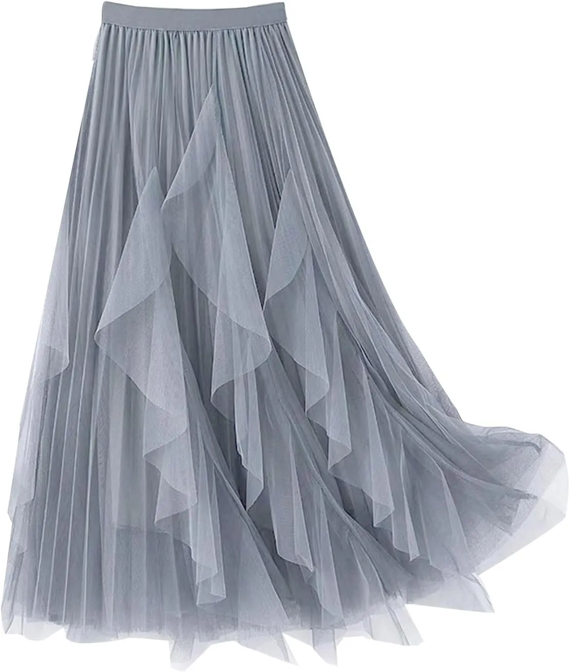 Women's Tulle Skirt High Low Asymmetrical A-Line Fairy Elastic High Waist Mesh Layered Pleated Long Midi Skirts