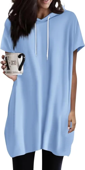 Womens Tunics to Wear with Leggings Oversized Outdoor Sports Hoodies Summer Short Sleeve Hooded Tshirts with Pockets