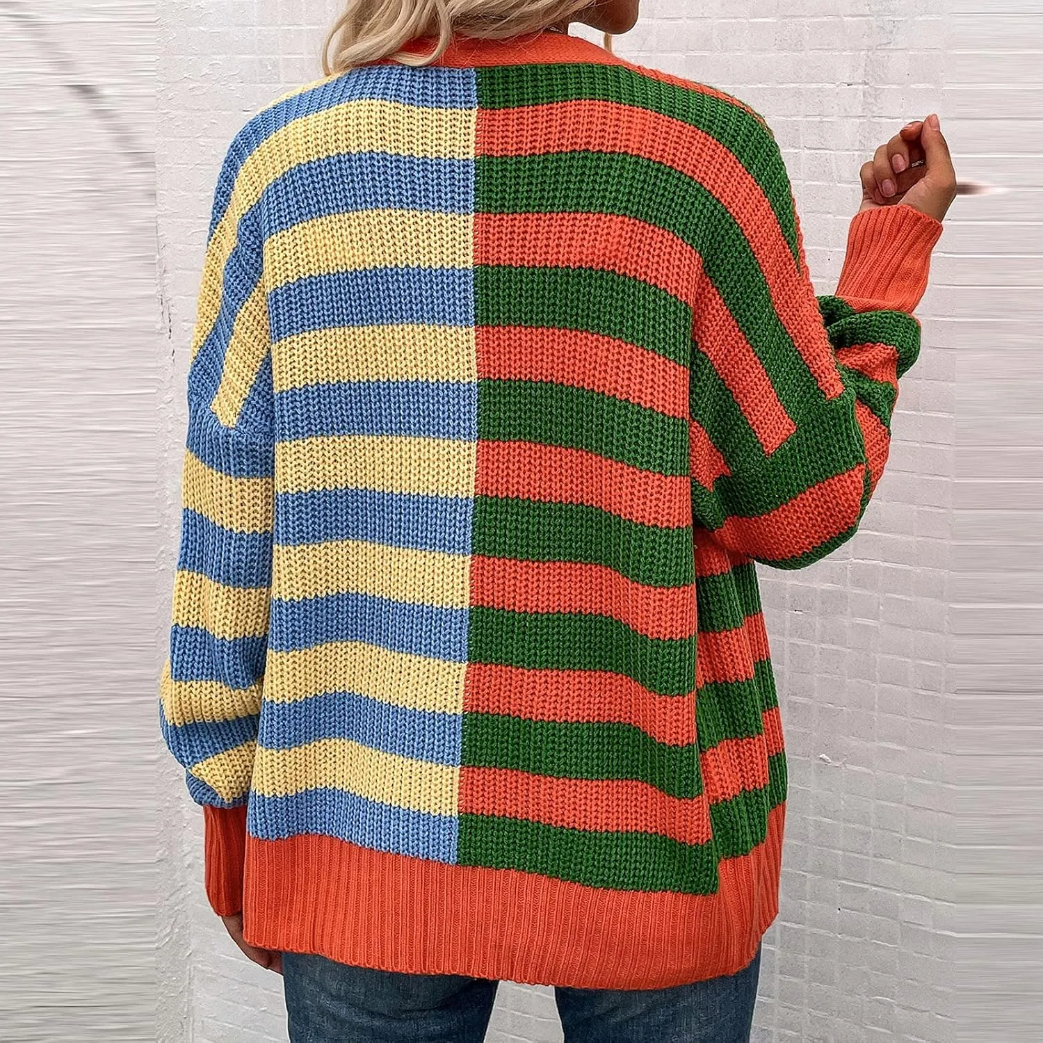 Womens V-Neck Sweaters Long Sleeve Button Down Cardigan Casual Knit Color Block Stripes Women's Sweater Coats