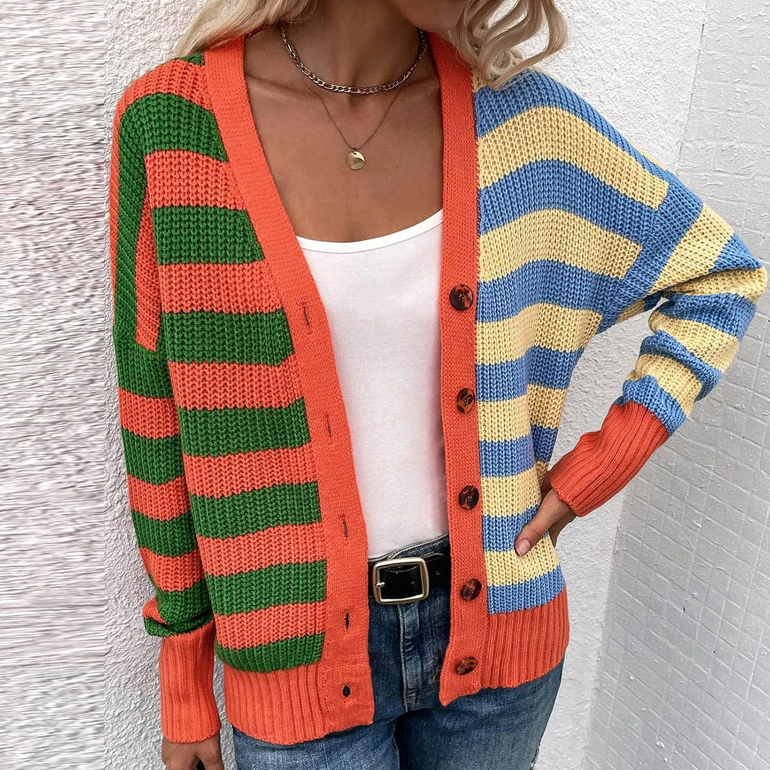 Womens V-Neck Sweaters Long Sleeve Button Down Cardigan Casual Knit Color Block Stripes Women's Sweater Coats