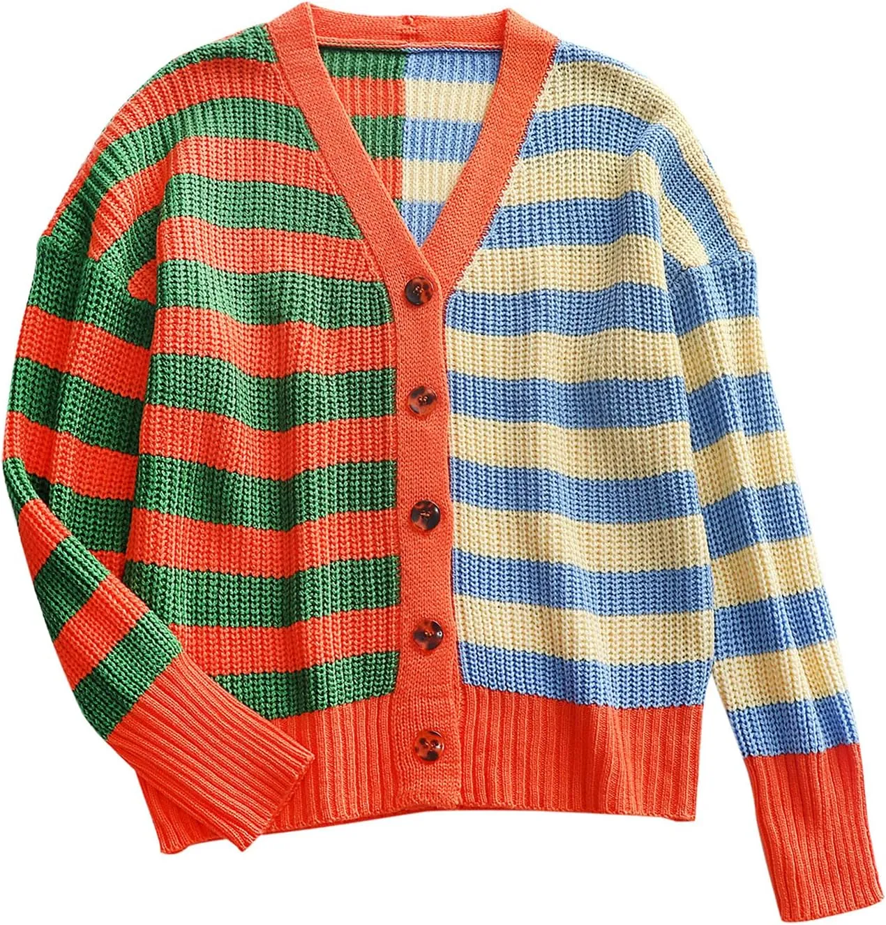 Womens V-Neck Sweaters Long Sleeve Button Down Cardigan Casual Knit Color Block Stripes Women's Sweater Coats