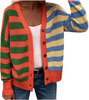 Womens V-Neck Sweaters Long Sleeve Button Down Cardigan Casual Knit Color Block Stripes Women's Sweater Coats