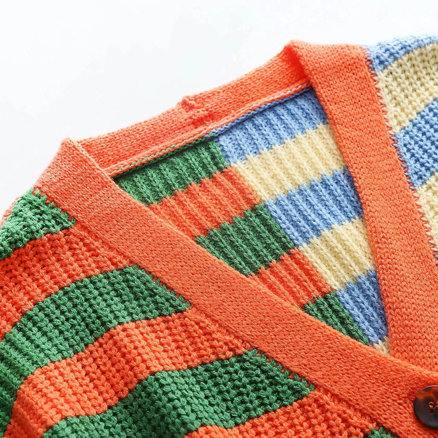 Womens V-Neck Sweaters Long Sleeve Button Down Cardigan Casual Knit Color Block Stripes Women's Sweater Coats