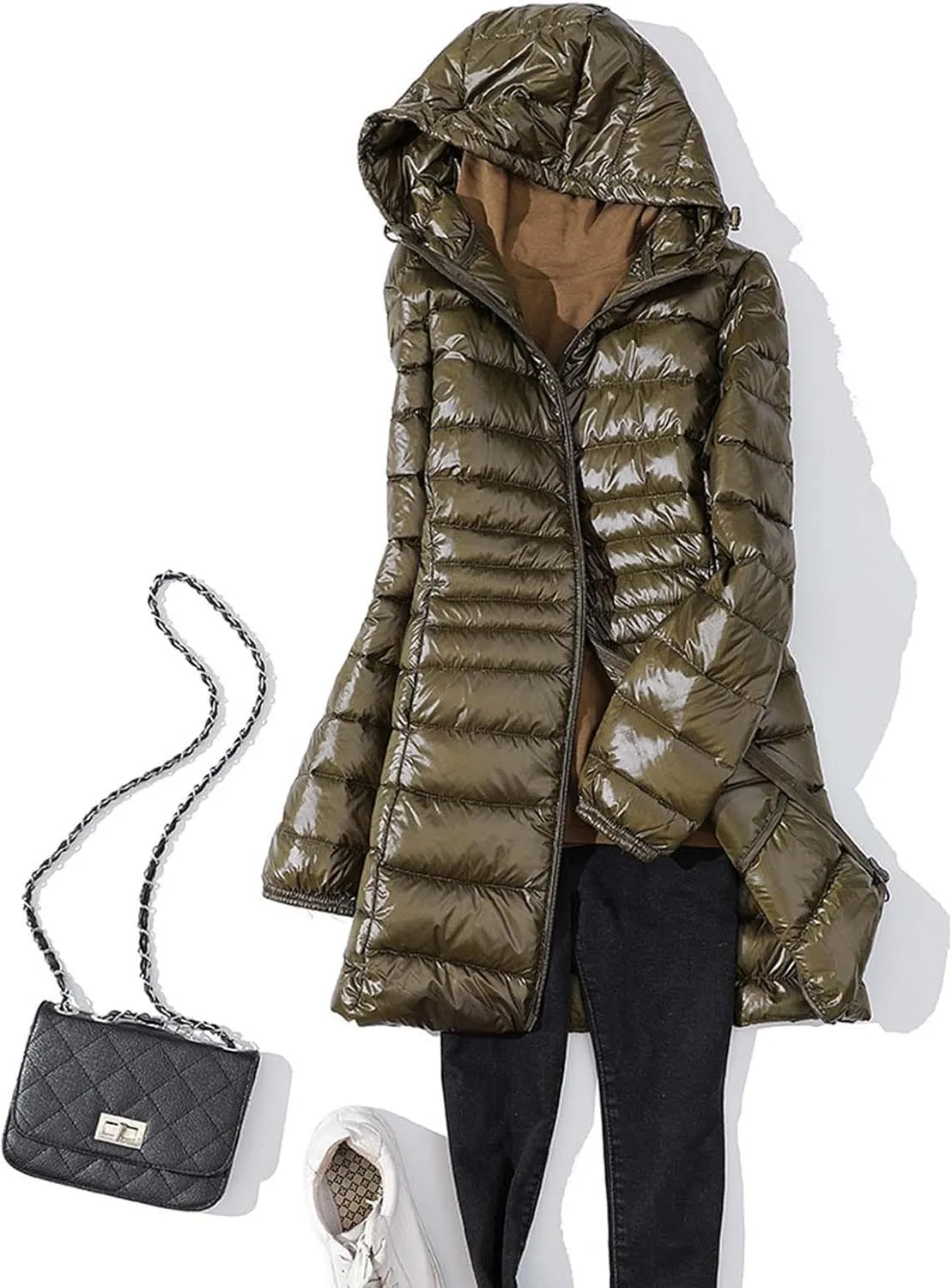 Women's Warm Winter Glossy Down Jacket Ultralight Long Down Outerwear Puffer Jacket Hooded Coat Packable Long-Sleeve with