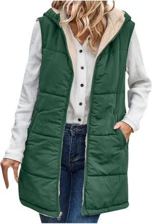 Womens Warm Winter Reversible Vests Sherpa Fleece Jacket Zip Up Hoodie Long Vest Padded Cotton Coat Quilted Outerwear