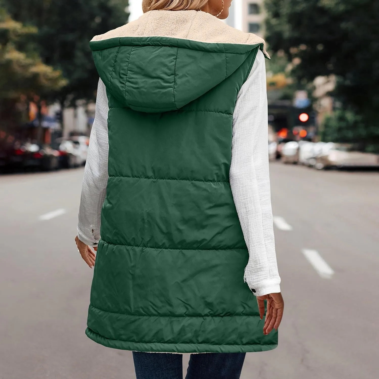 Womens Warm Winter Reversible Vests Sherpa Fleece Jacket Zip Up Hoodie Long Vest Padded Cotton Coat Quilted Outerwear