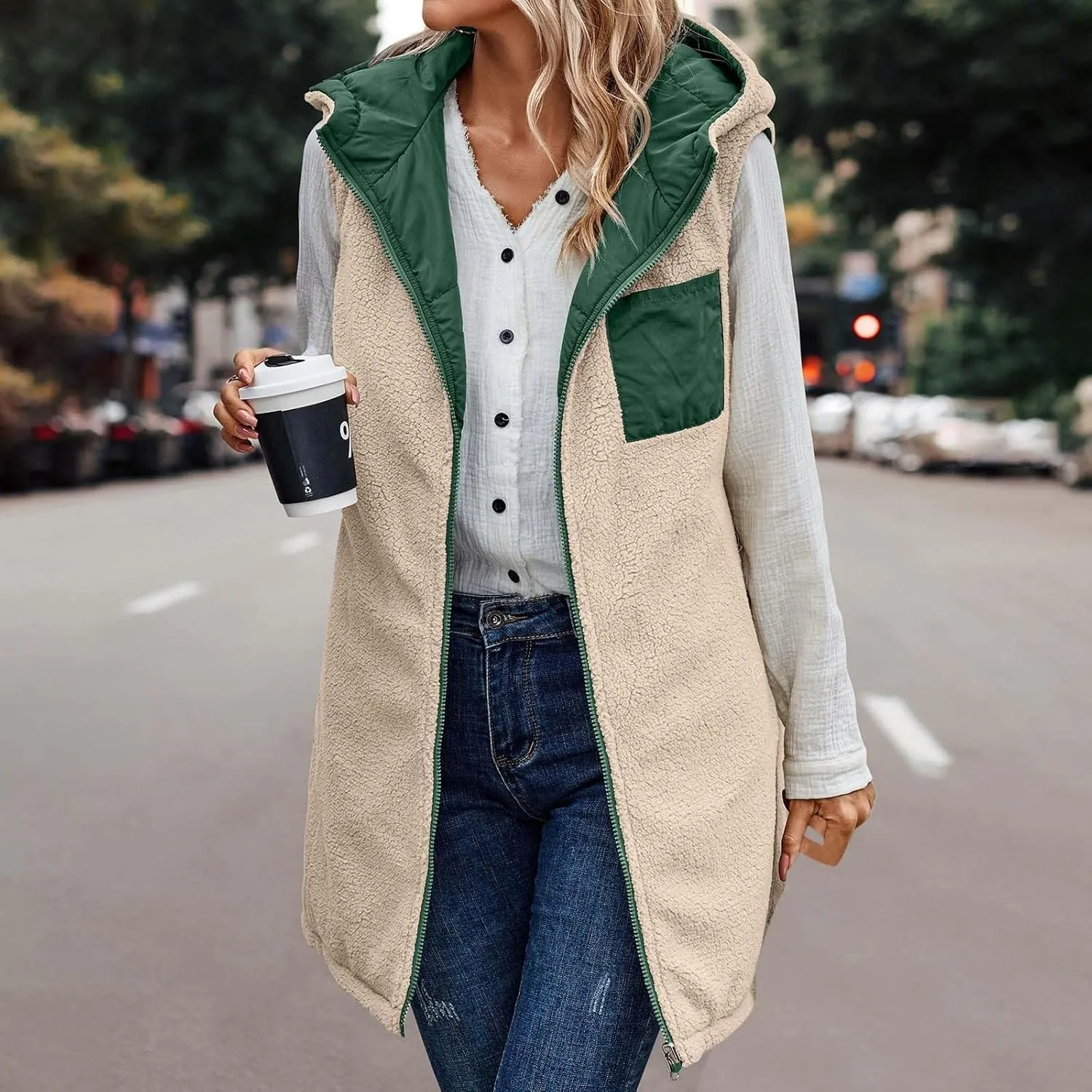 Womens Warm Winter Reversible Vests Sherpa Fleece Jacket Zip Up Hoodie Long Vest Padded Cotton Coat Quilted Outerwear