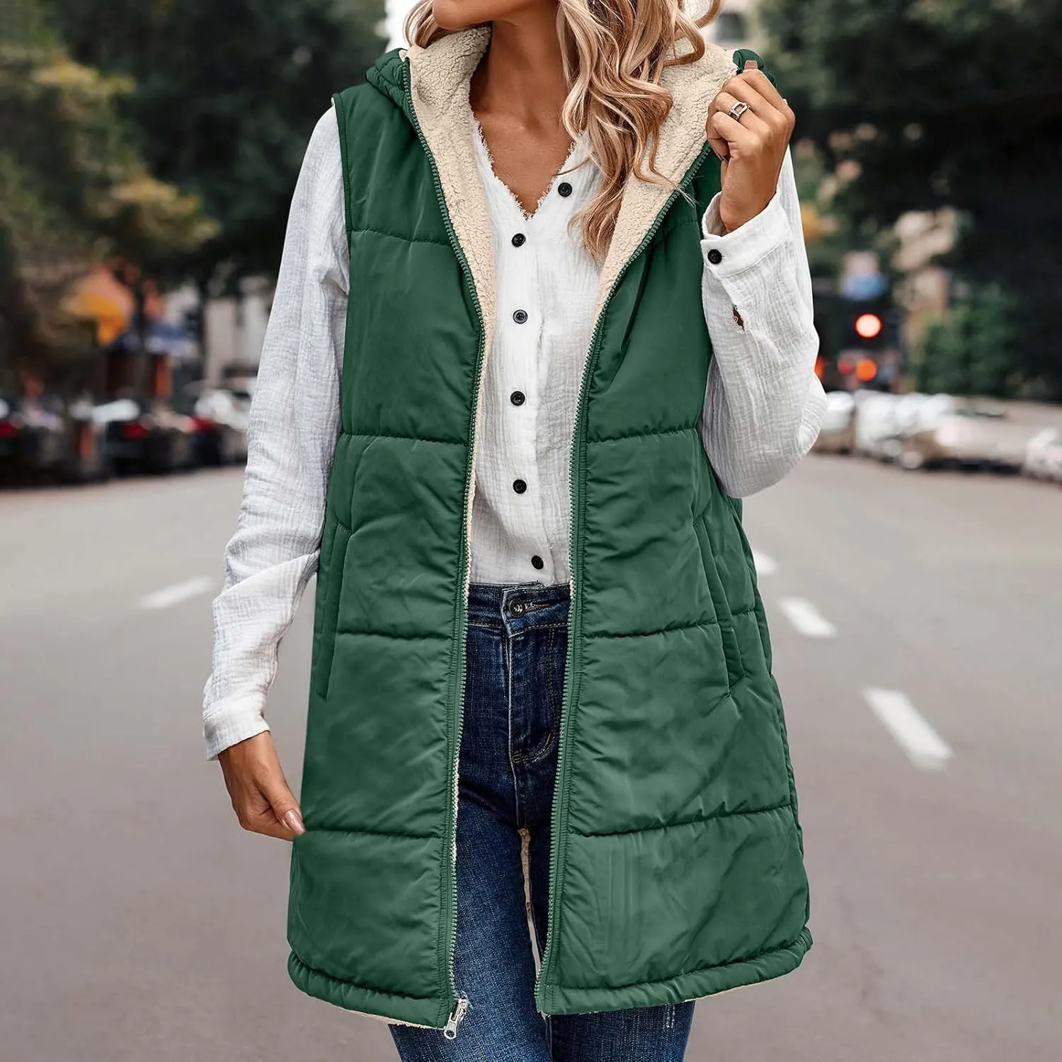 Womens Warm Winter Reversible Vests Sherpa Fleece Jacket Zip Up Hoodie Long Vest Padded Cotton Coat Quilted Outerwear