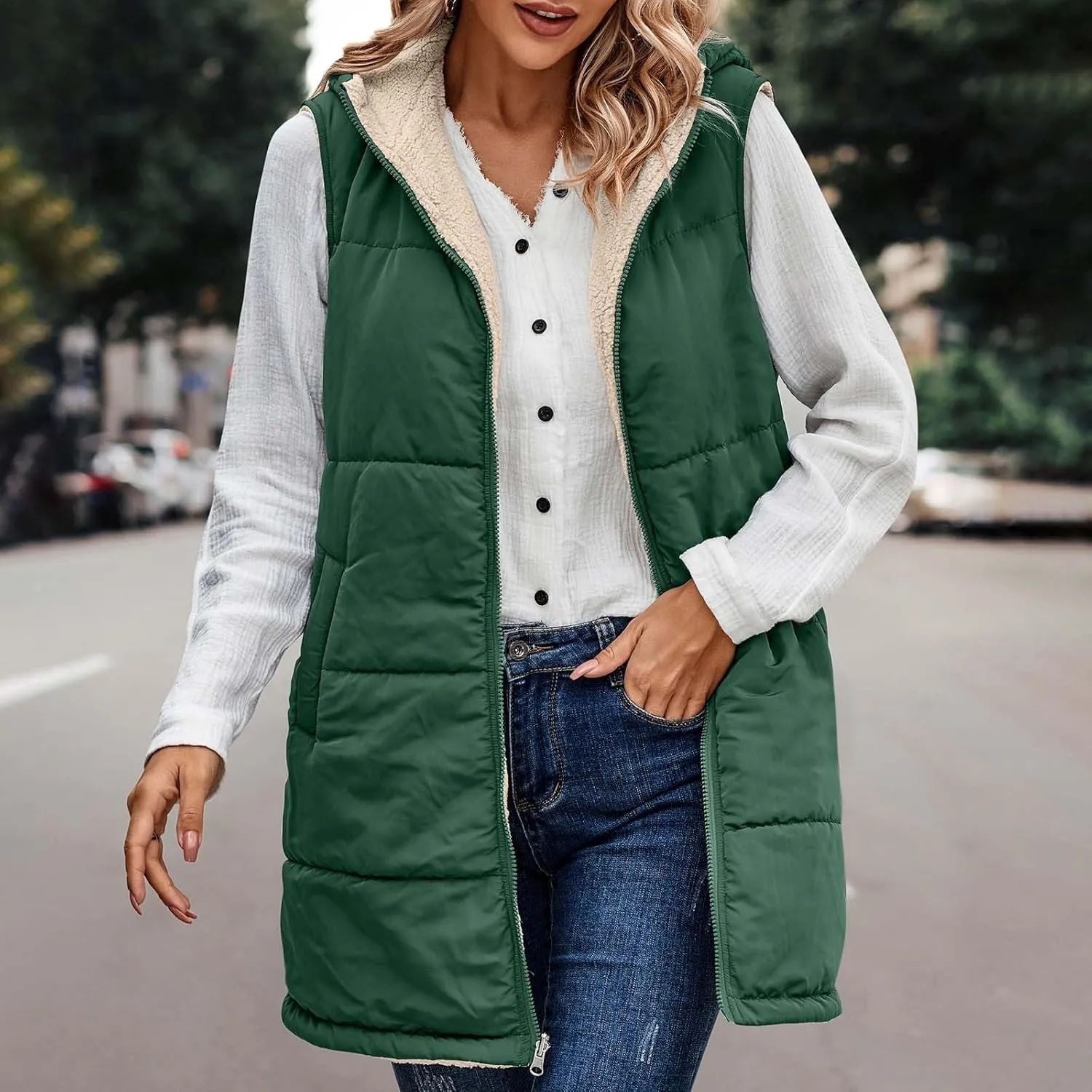 Womens Warm Winter Reversible Vests Sherpa Fleece Jacket Zip Up Hoodie Long Vest Padded Cotton Coat Quilted Outerwear
