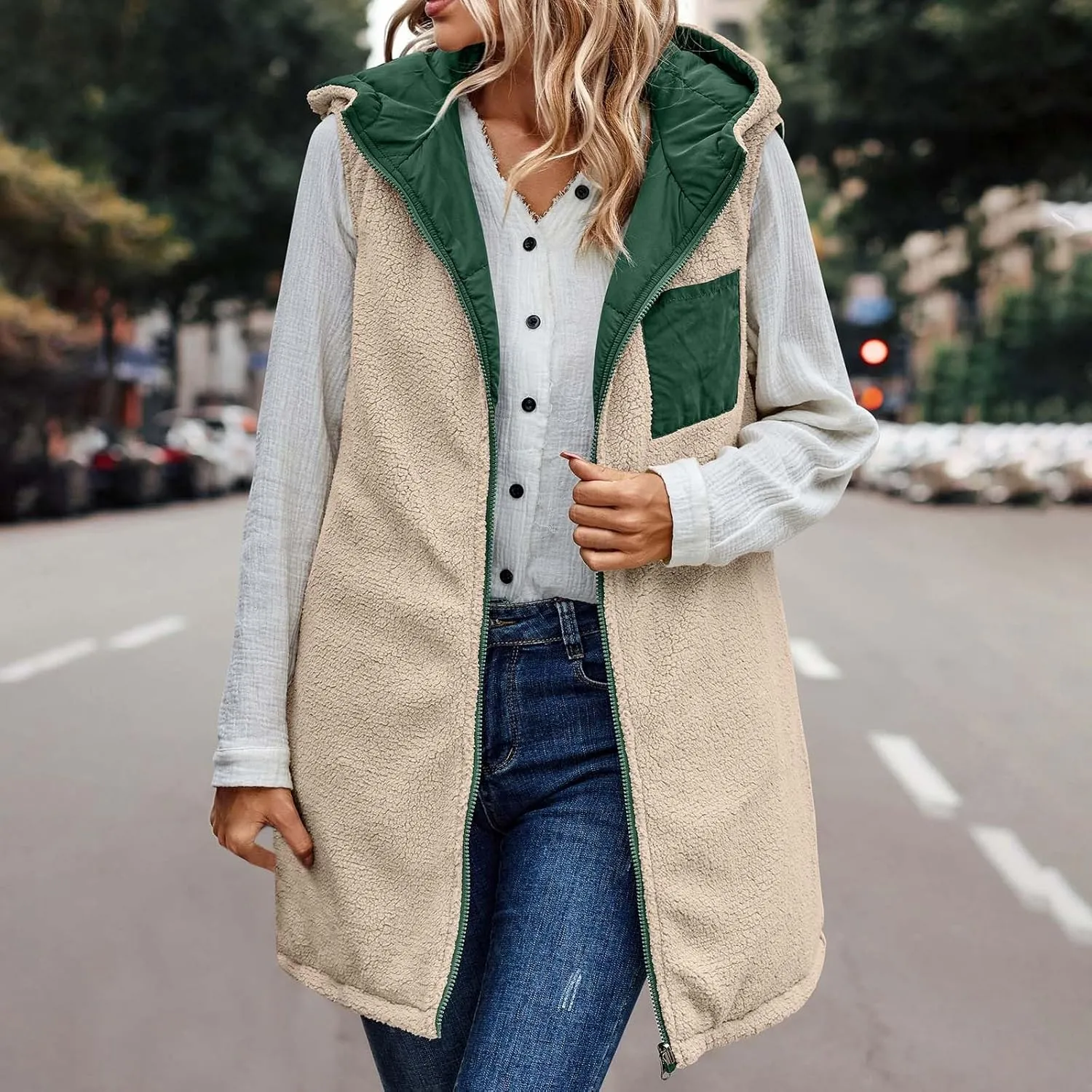 Womens Warm Winter Reversible Vests Sherpa Fleece Jacket Zip Up Hoodie Long Vest Padded Cotton Coat Quilted Outerwear