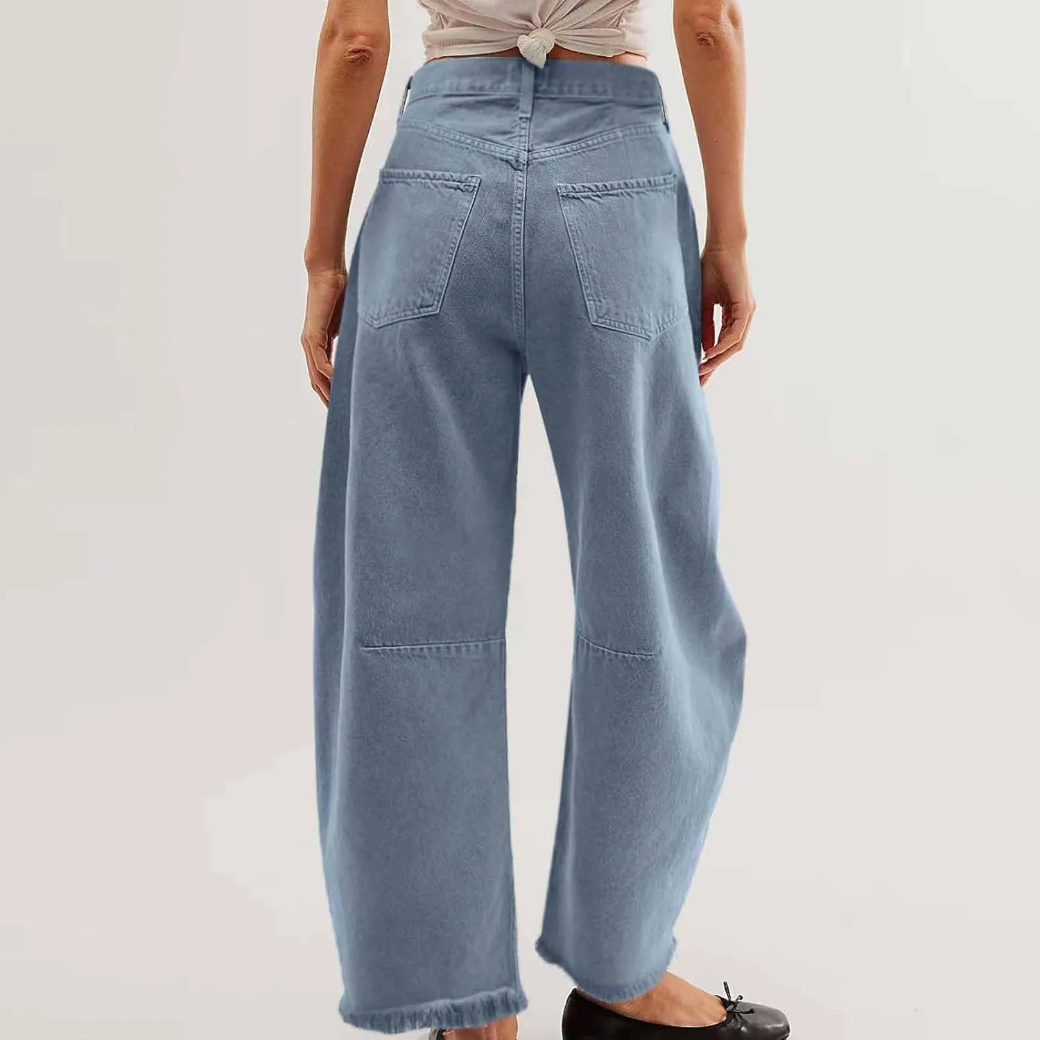 Womens Wide Leg Denim Jeans Button Zipper Frayed Hem Jeans Casual Wear High Waist Flattering Fit Baggy Flared Jeans