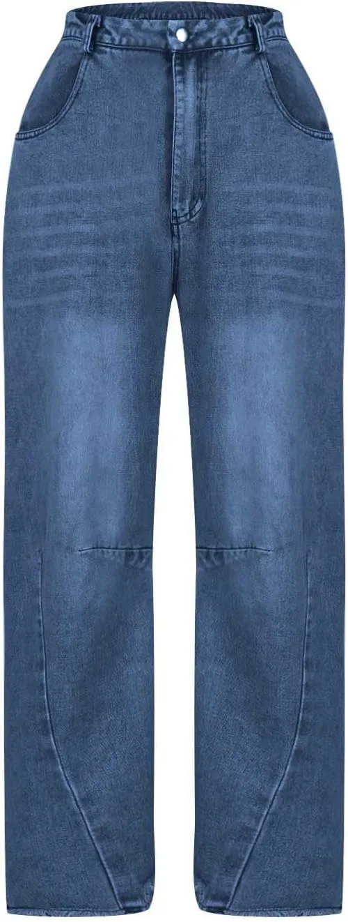 Womens Wide Leg Denim Jeans Button Zipper Frayed Hem Jeans Casual Wear High Waist Flattering Fit Baggy Flared Jeans